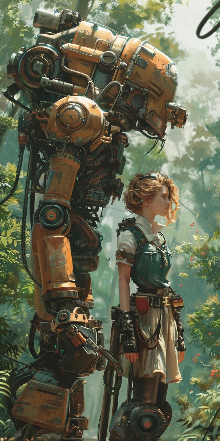 AI generated: Midjourney prompt: a steampunk mecha pilot standing on the shoulder o... (Midjourney - Concept Art)