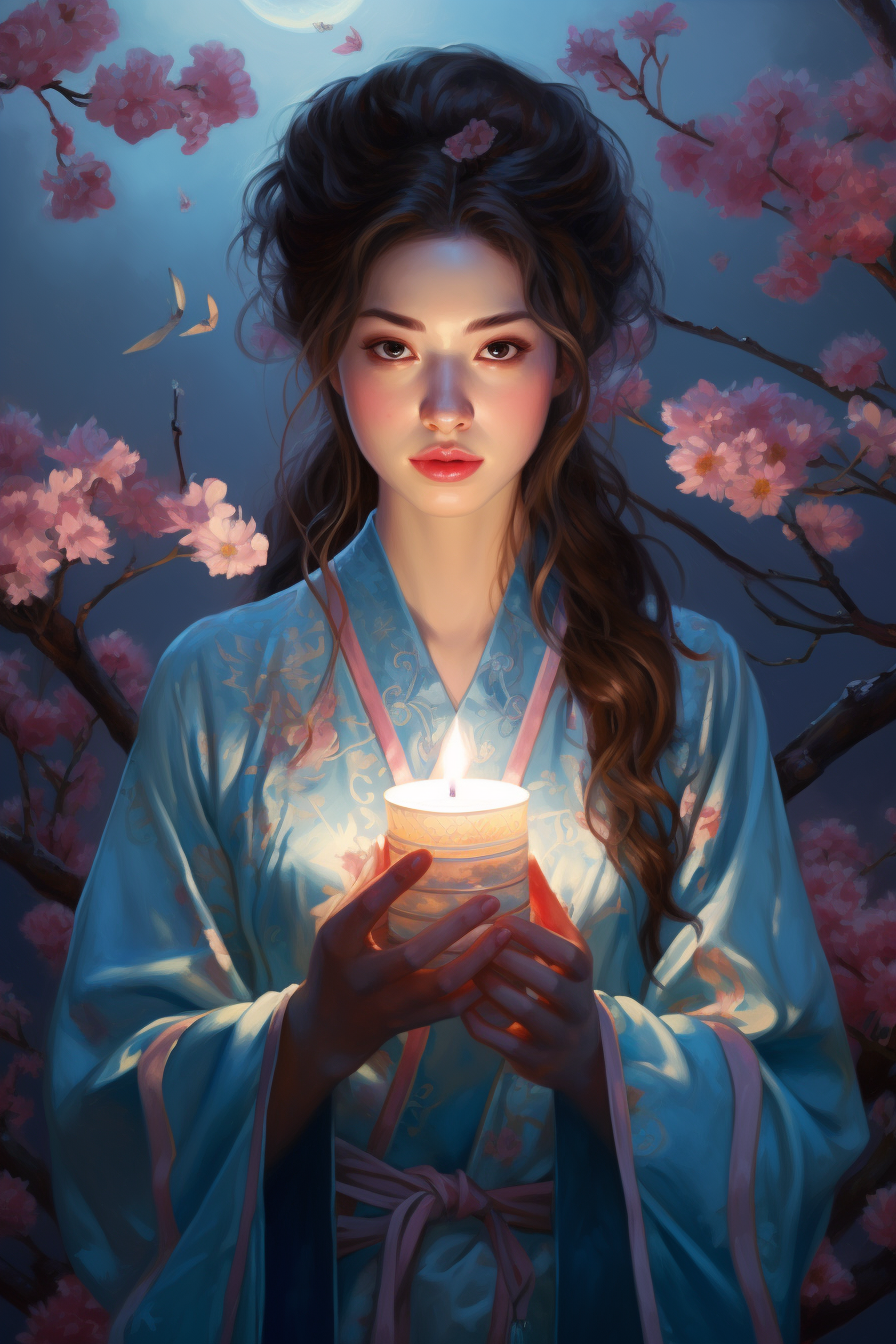 Midjourney prompt: An animated girl holding a candle in front of beau... - Midjourney