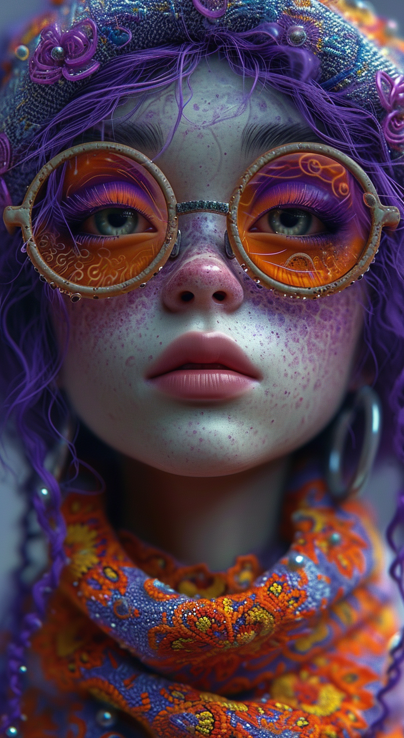 Midjourney prompt: cartoon girl with glasses, purple, in the style of... - Midjourney