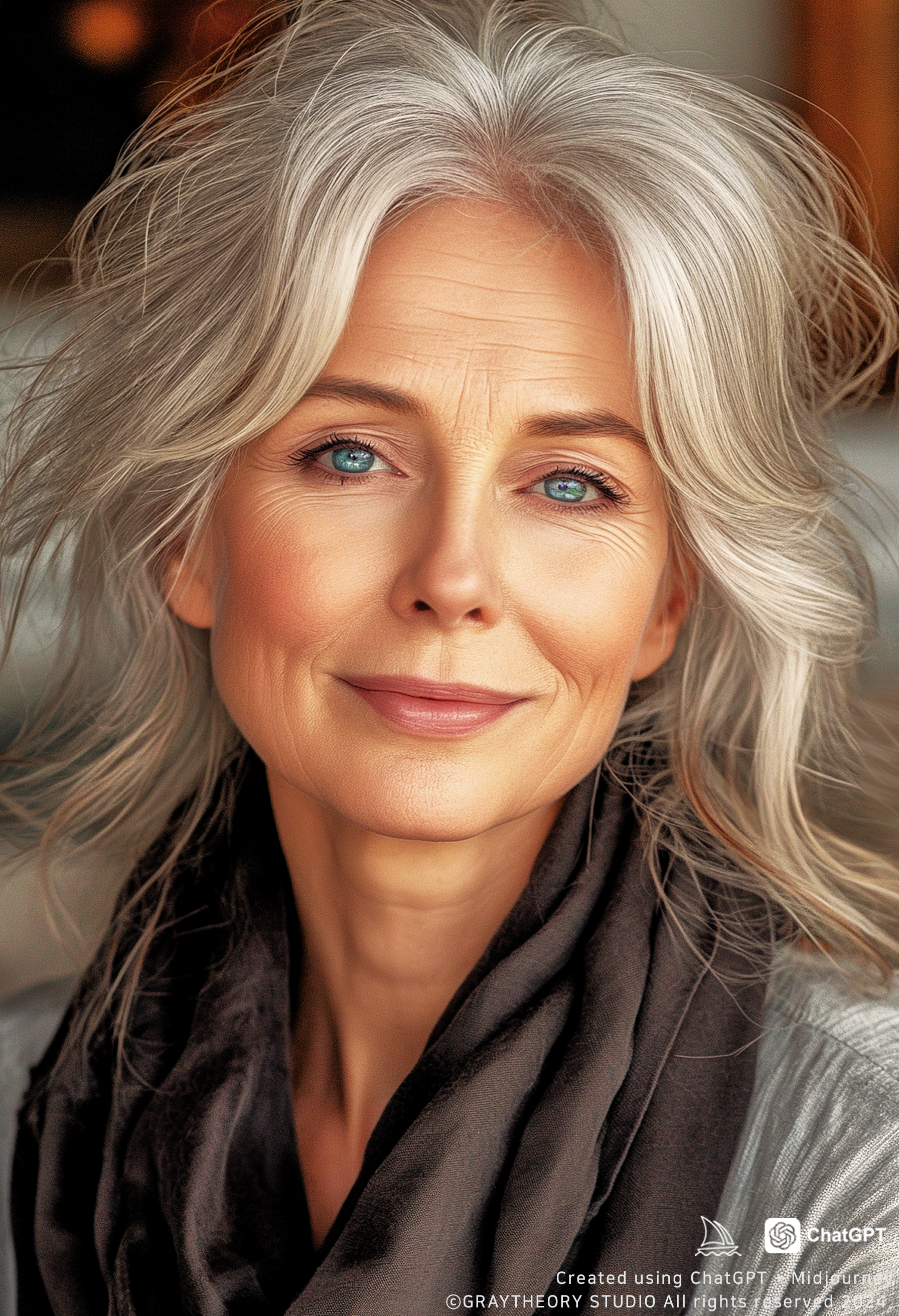 AI generated: Midjourney prompt: photo, Elderly female in her 70s, soft, wavy grey ... (Midjourney - Photography)