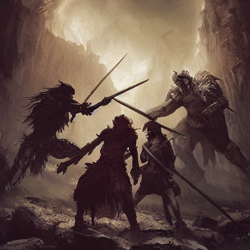 Stable Diffusion prompt: Three warriors fighting a monste...