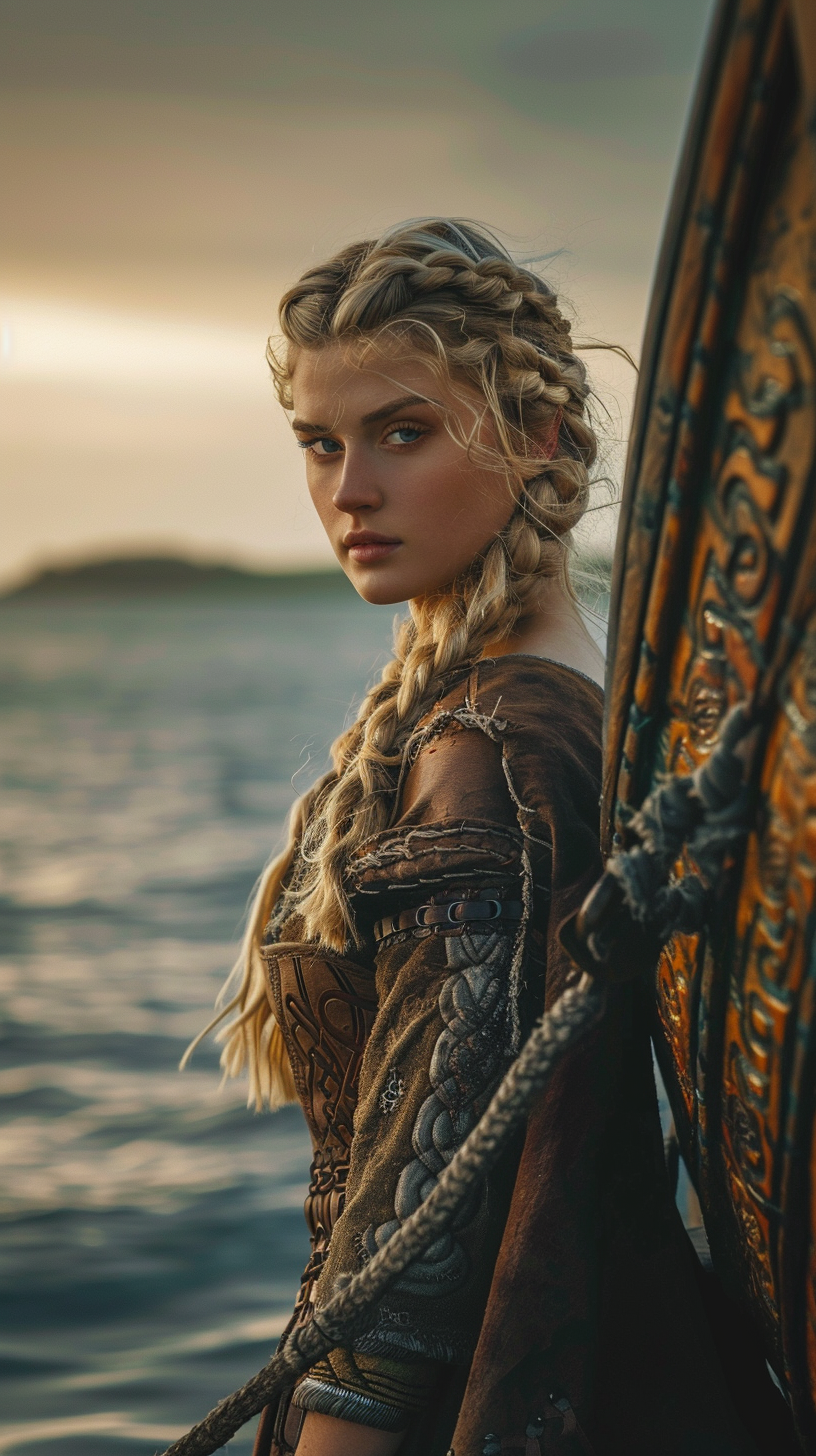 Midjourney prompt: a fierce, beautiful, female Viking warrior leaning... - Midjourney