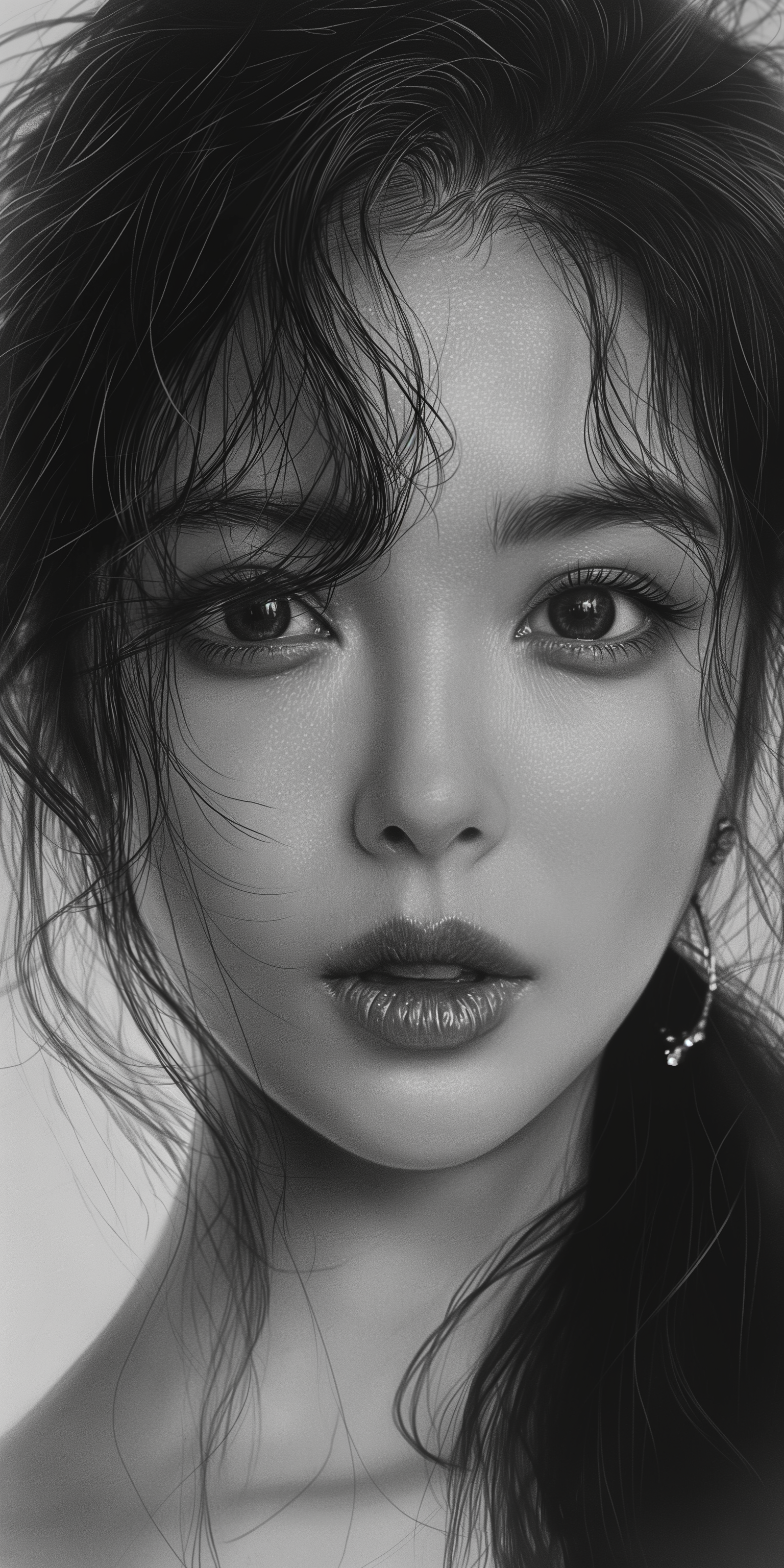 AI generated: Midjourney prompt: a beautiful drawing of a girl in black and white, ... (Midjourney - Portraits)