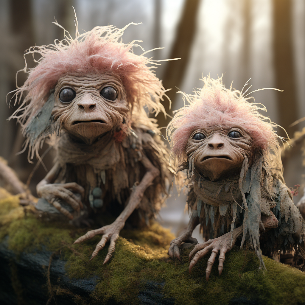 صورة مولدة بالذكاء الاصطناعي: Midjourney prompt: full bodies of two crawling creatures, forest clea... (نموذج Midjourney - 3d Renders)