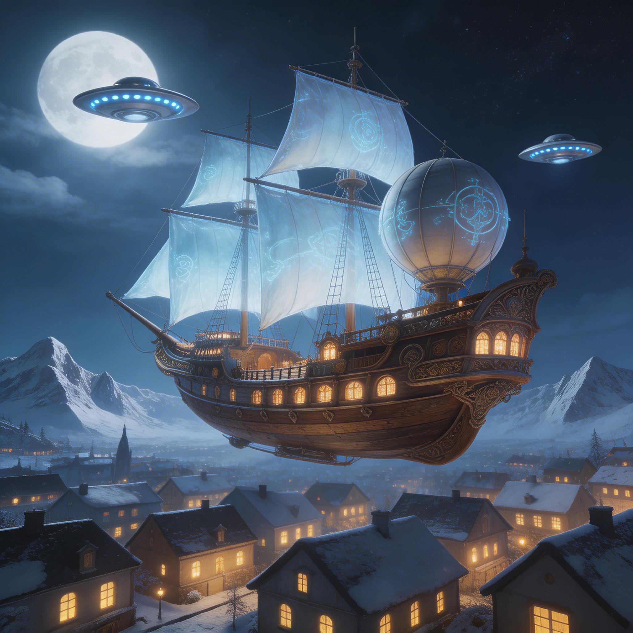 AI generated: Seedream 5 prompt: fantasy magical airship with sails. In the moonlig... (Seedream 5 - Landscapes)