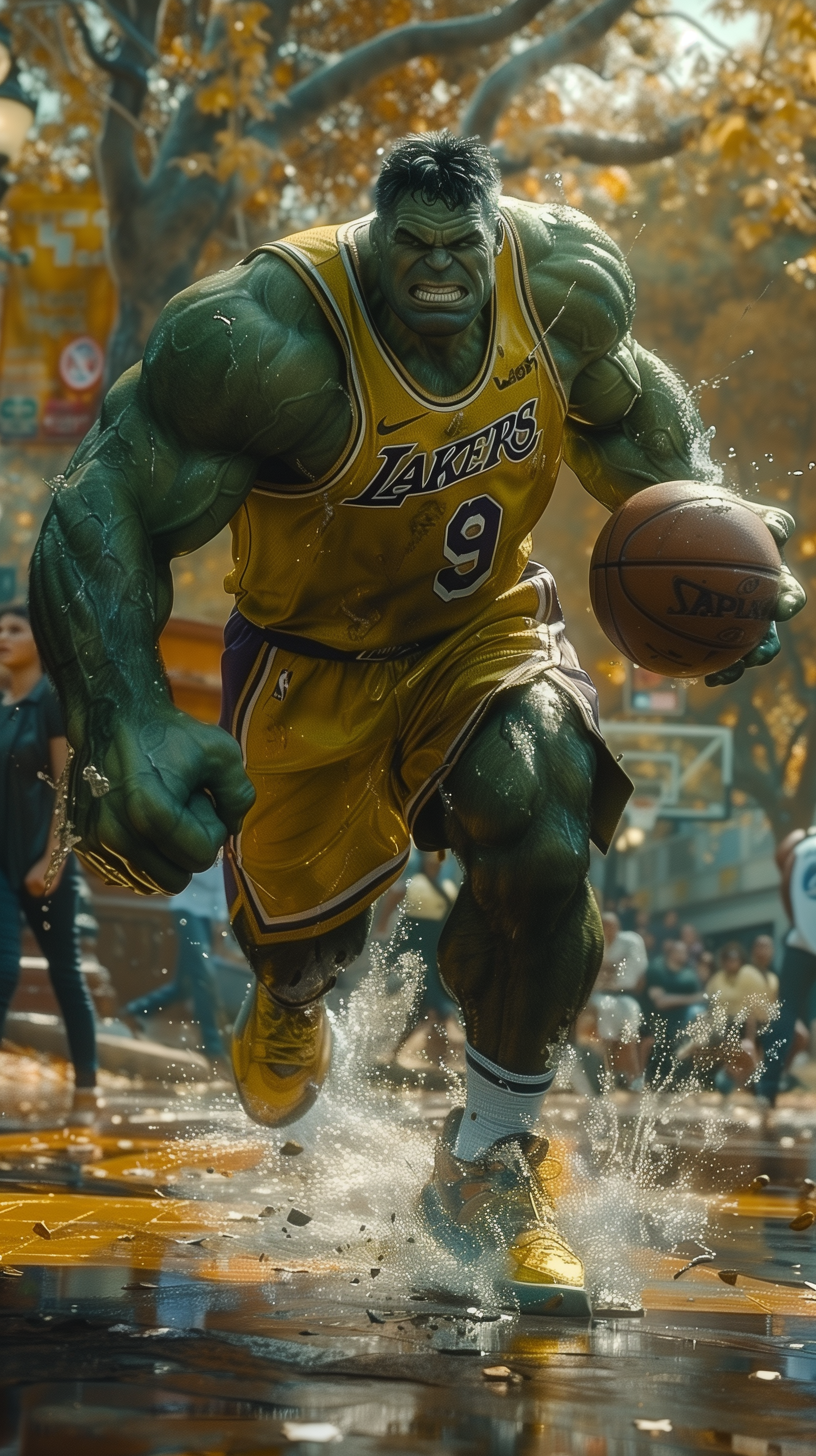 AI generated: Midjourney prompt: Marvel's Hulk playing basketball, he is jumping ... (Midjourney - Character Design)