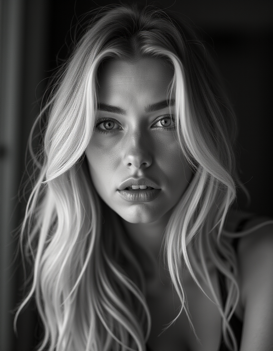 صورة مولدة بالذكاء الاصطناعي: FLUX prompt: b&w, instagram photo, portrait photo of 26 y.o blo... (نموذج FLUX - صور شخصية)