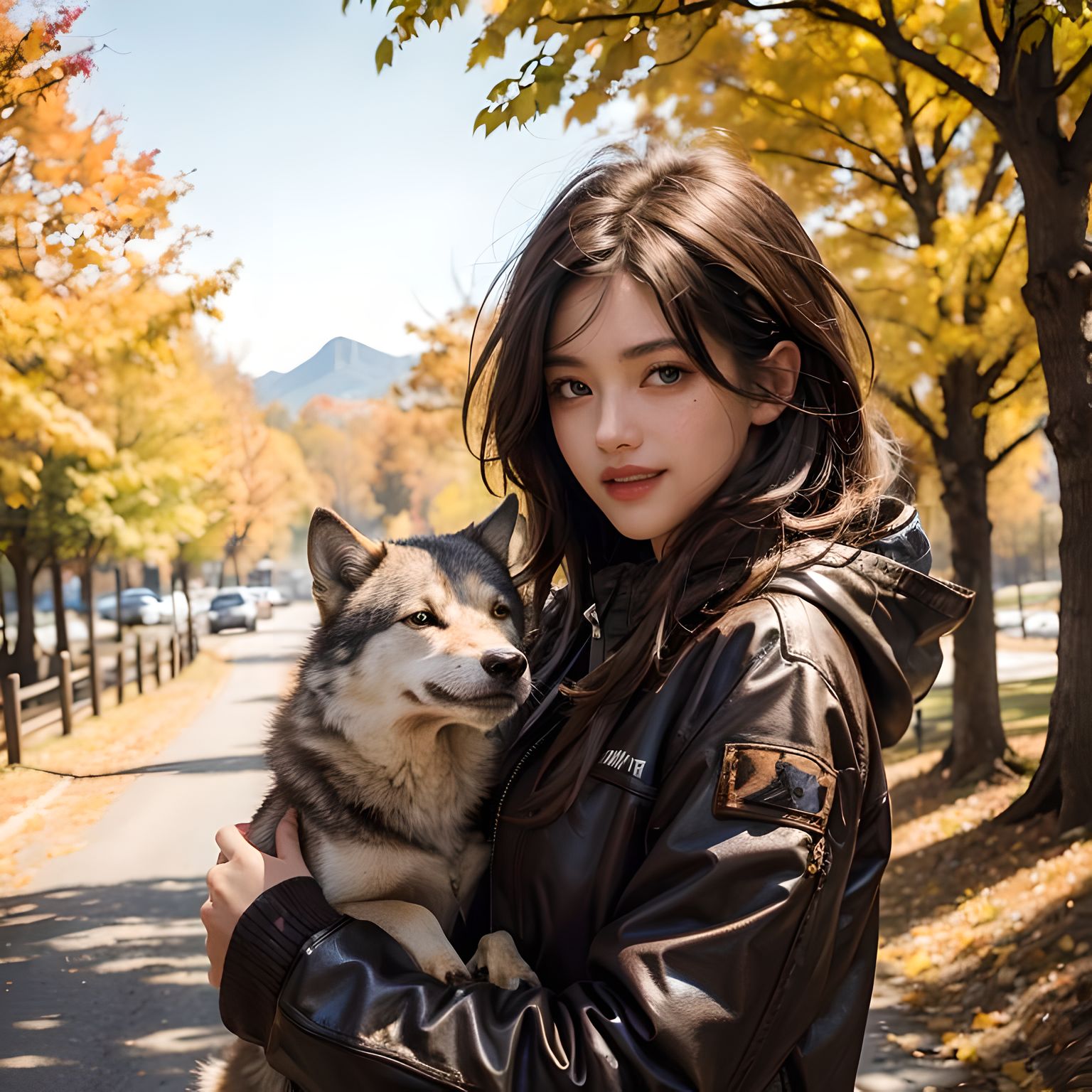 Stable Diffusion prompt: A girl petting a little wolf,(ou...