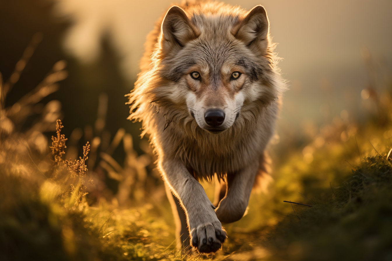 AI generated: Midjourney prompt: Scenic Landscape, a wild wolf running towards the ... (Midjourney - Photography)