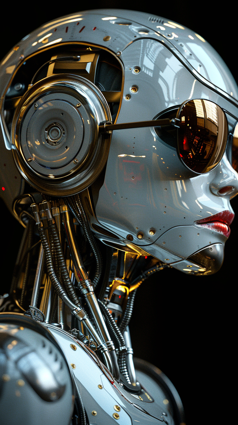 Midjourney prompt: A female robot wearing sunglasses, metallic skin, ... - Midjourney