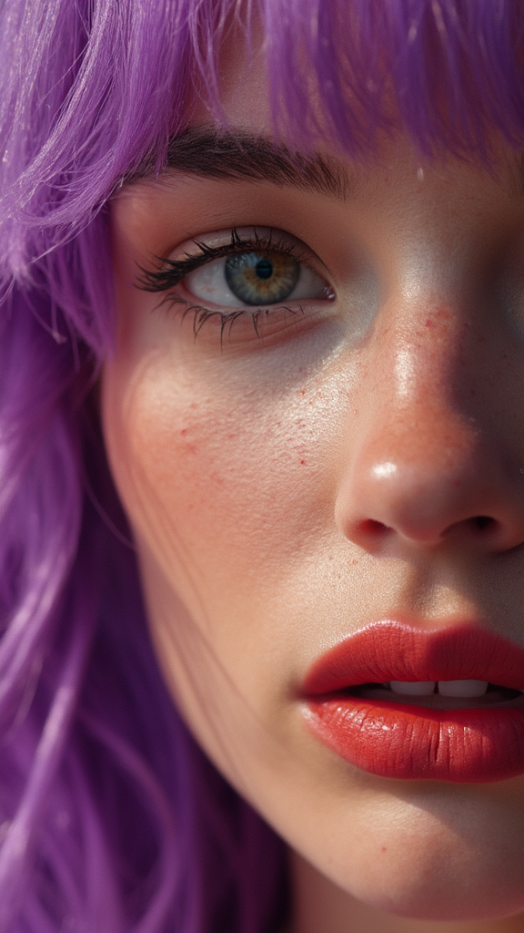 AI generated: FLUX prompt: portrait of a woman with vibrant purple hair, in t... (FLUX - Portraits)