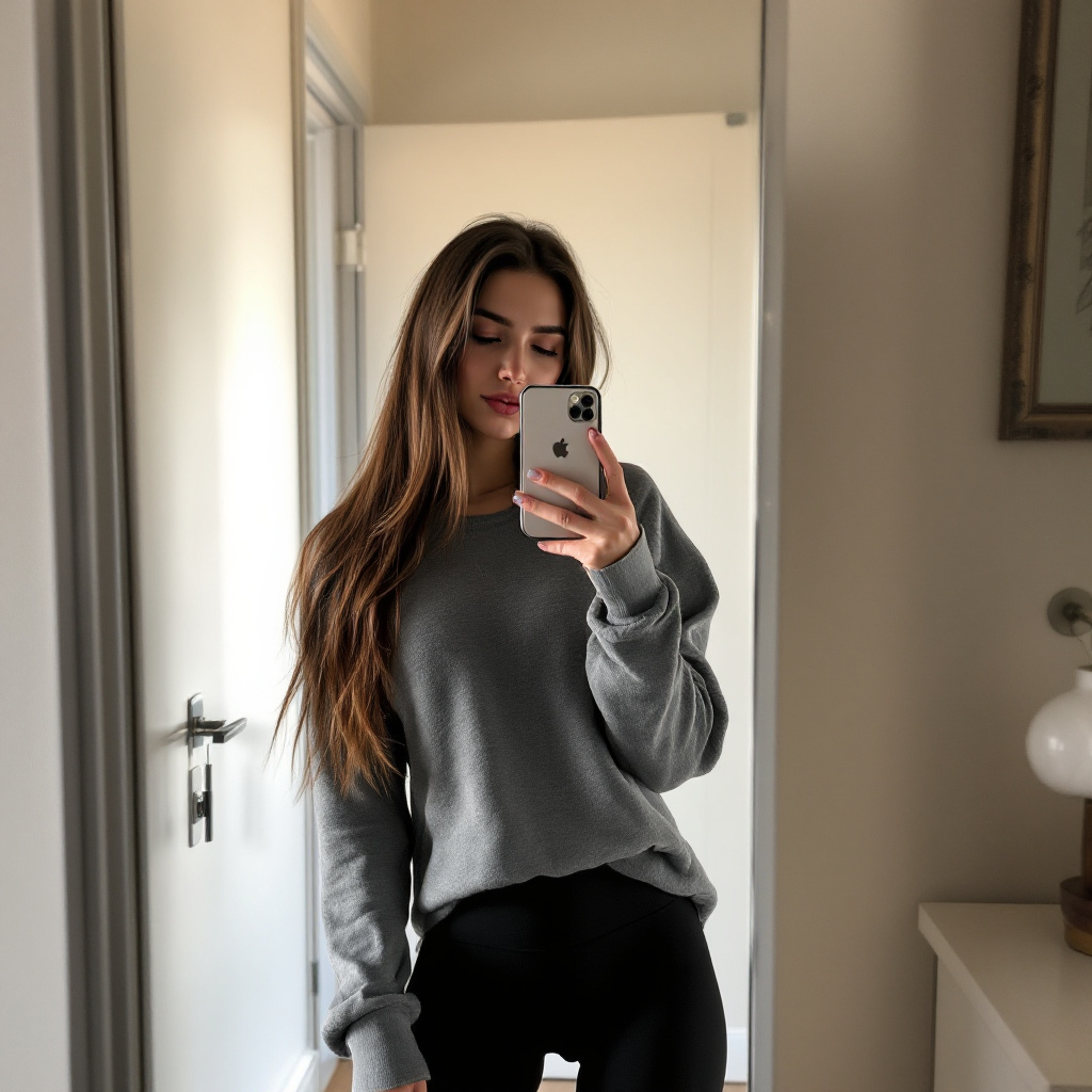 FLUX prompt: the girl takes a photo with her phone of herself i... - FLUX