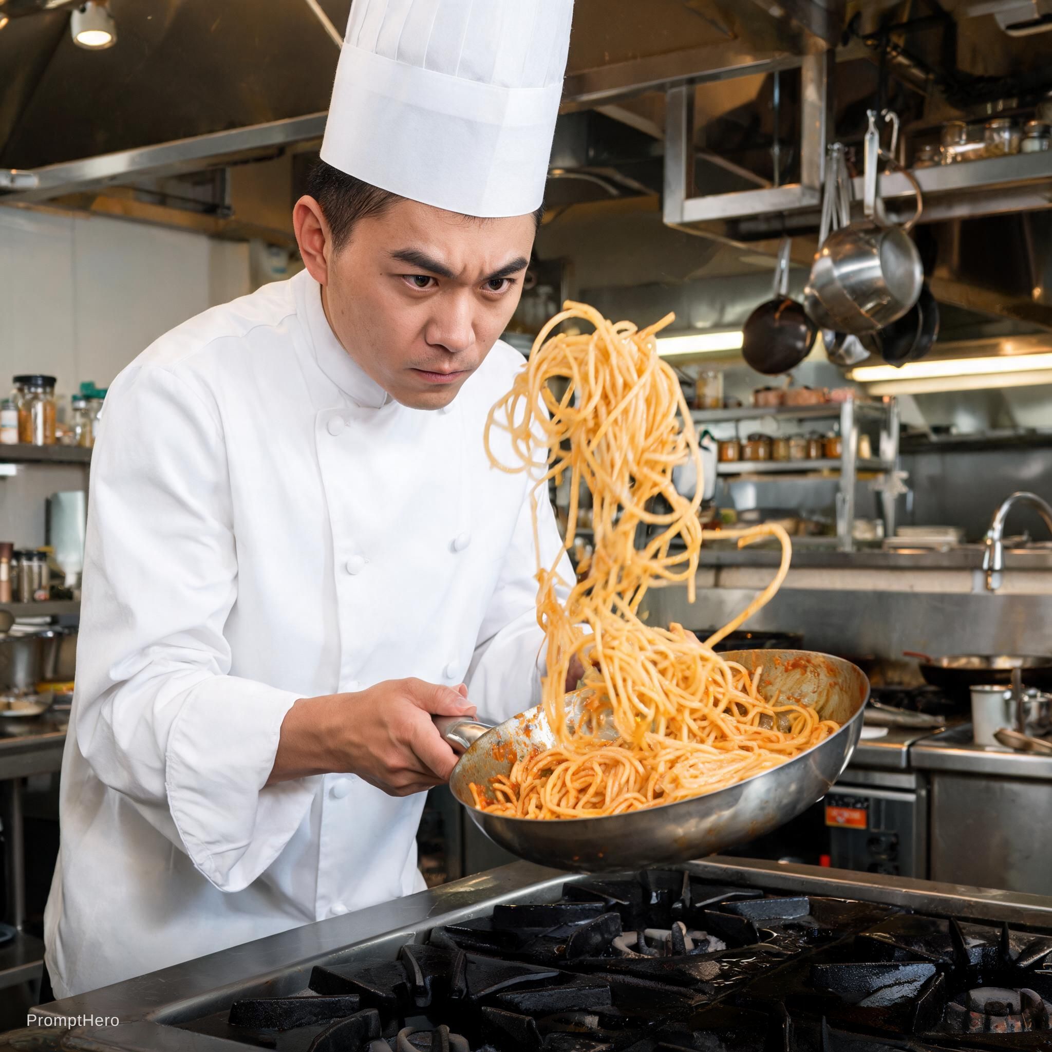 AI generated: Seedream 5 prompt: a chef making pasta and focused when he toss the (Seedream 5 - Concept Art)