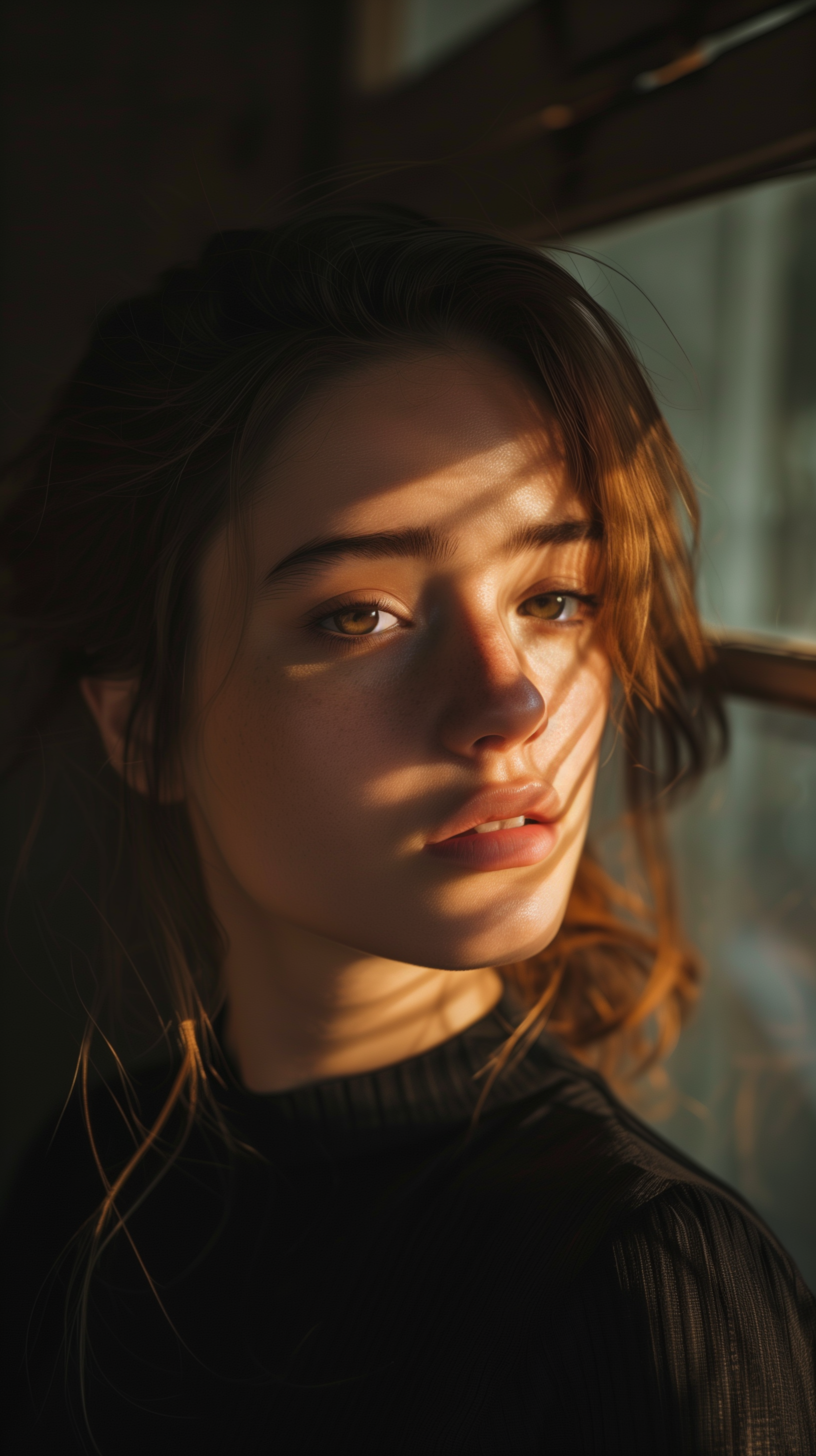 AI generated: Midjourney prompt: close-up portrait, young woman in a dimly lit room... (Midjourney - Portraits)