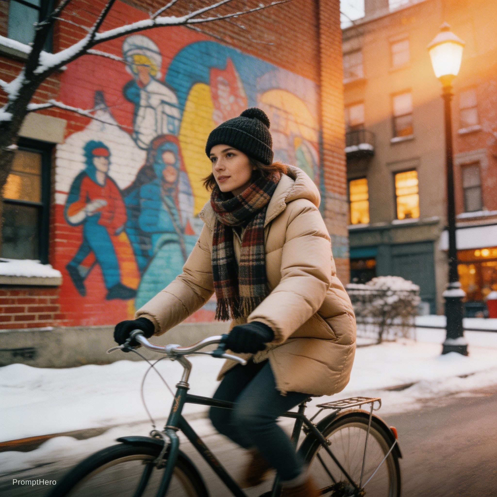 Seedream 5 prompt: urban winter film photography, woman biking past m... - Seedream 5
