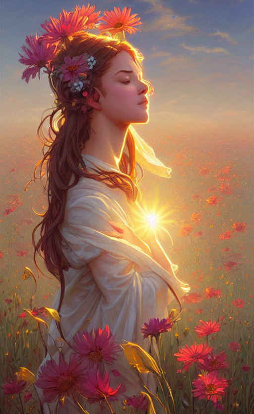 Stable Diffusion prompt: sleepy sun face, flowers field,