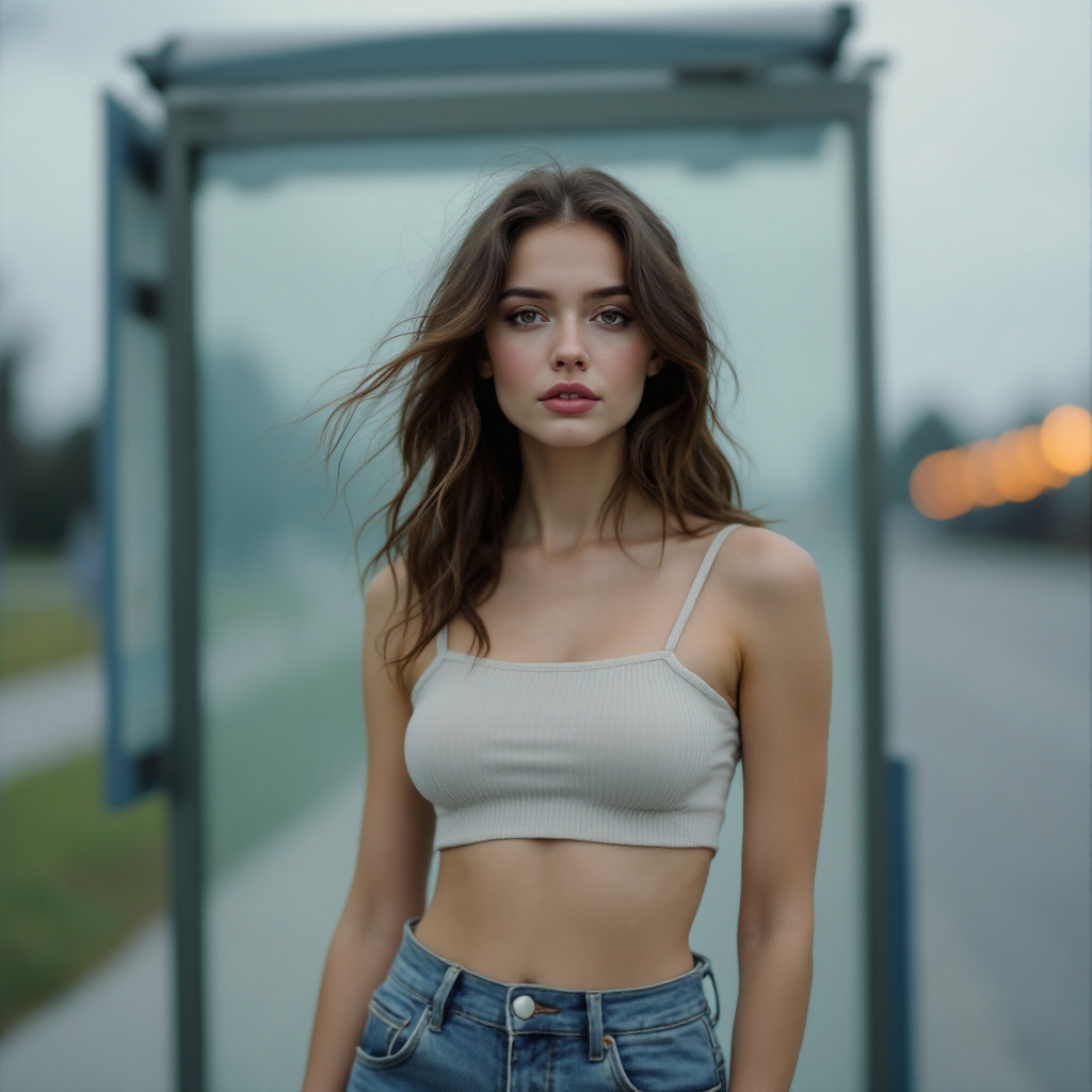 FLUX prompt: a woman wearing a cropped top and jeans standing i... - FLUX