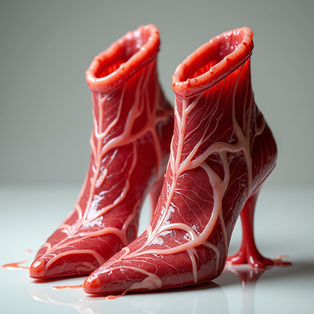 AI generated: FLUX prompt: a pair of surreal raw meat shoes made of splashy (... (FLUX - Photography)