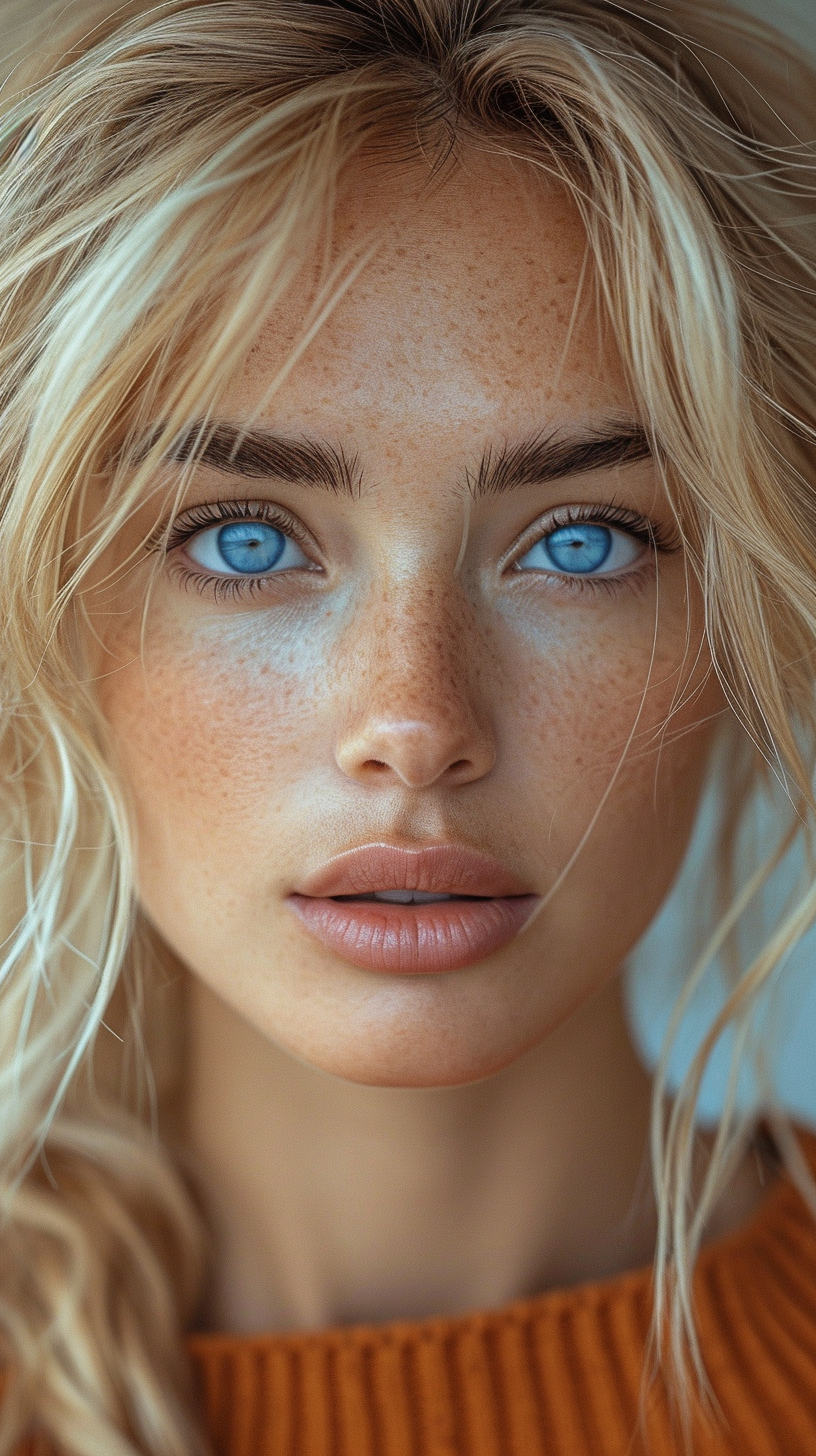 Midjourney prompt: a blonde woman with blue eyes, in the style of nat... - Midjourney