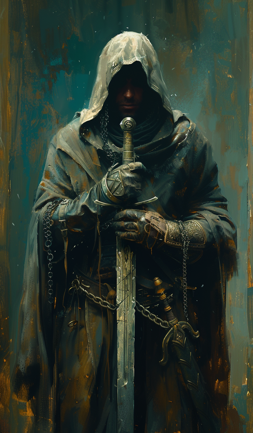 AI generated: Midjourney prompt: painting of a knight holding a sword, in the style... (Midjourney - Character Design)