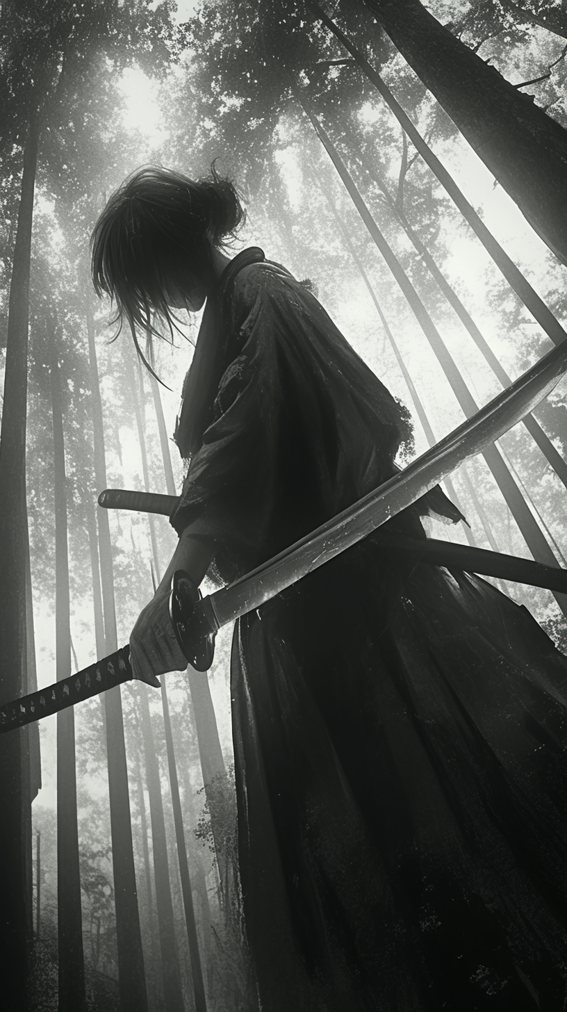 Midjourney prompt: black and white photo of samurai sword in the wo... - Midjourney