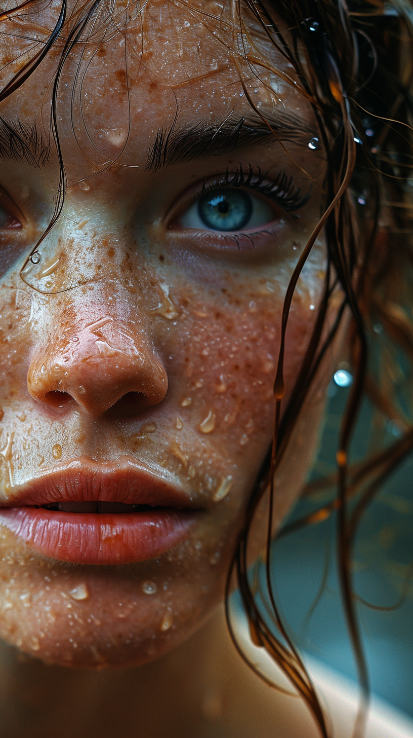 AI generated: Midjourney prompt: the face of woman with beautiful blue eyes, in wat... (Midjourney - Photography)