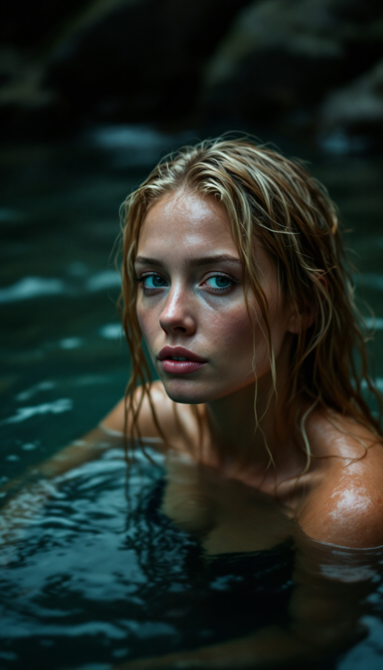 صورة مولدة بالذكاء الاصطناعي: FLUX prompt: hot spring in a river water, a 30 years old woman ... (نموذج FLUX - صور شخصية)