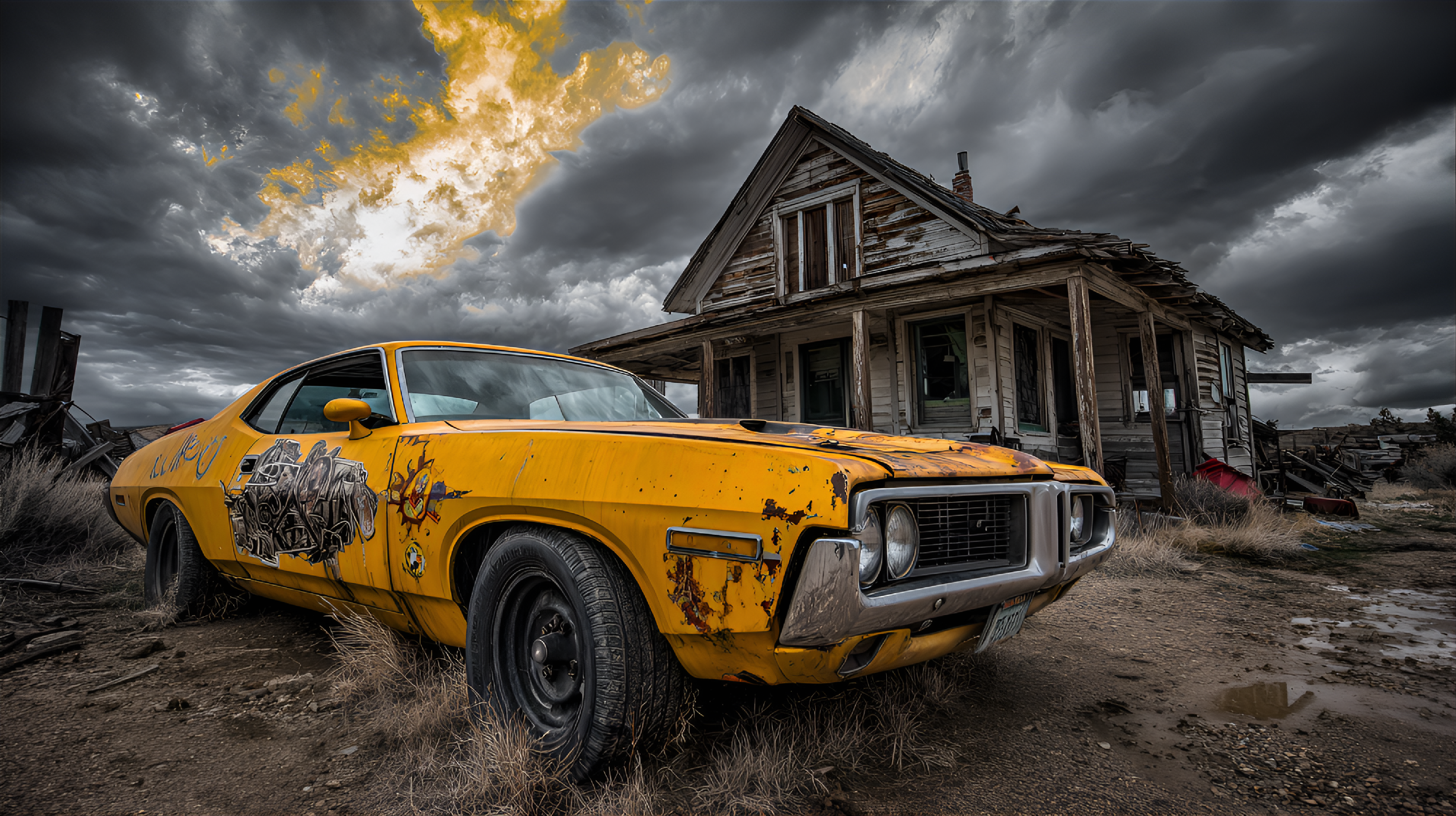 Midjourney prompt: vibrant yellow muscle car, heavily modified and di... - Midjourney