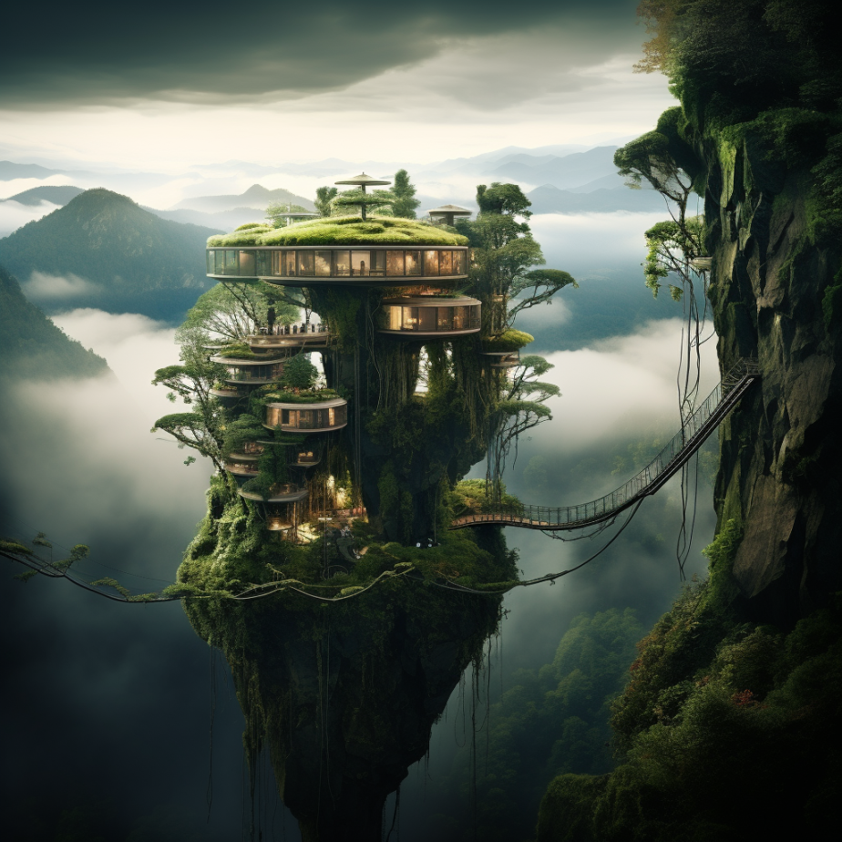 صورة مولدة بالذكاء الاصطناعي: Midjourney prompt: the best homes to live by with breathtaking views,... (نموذج Midjourney - عمارة وتصميم)