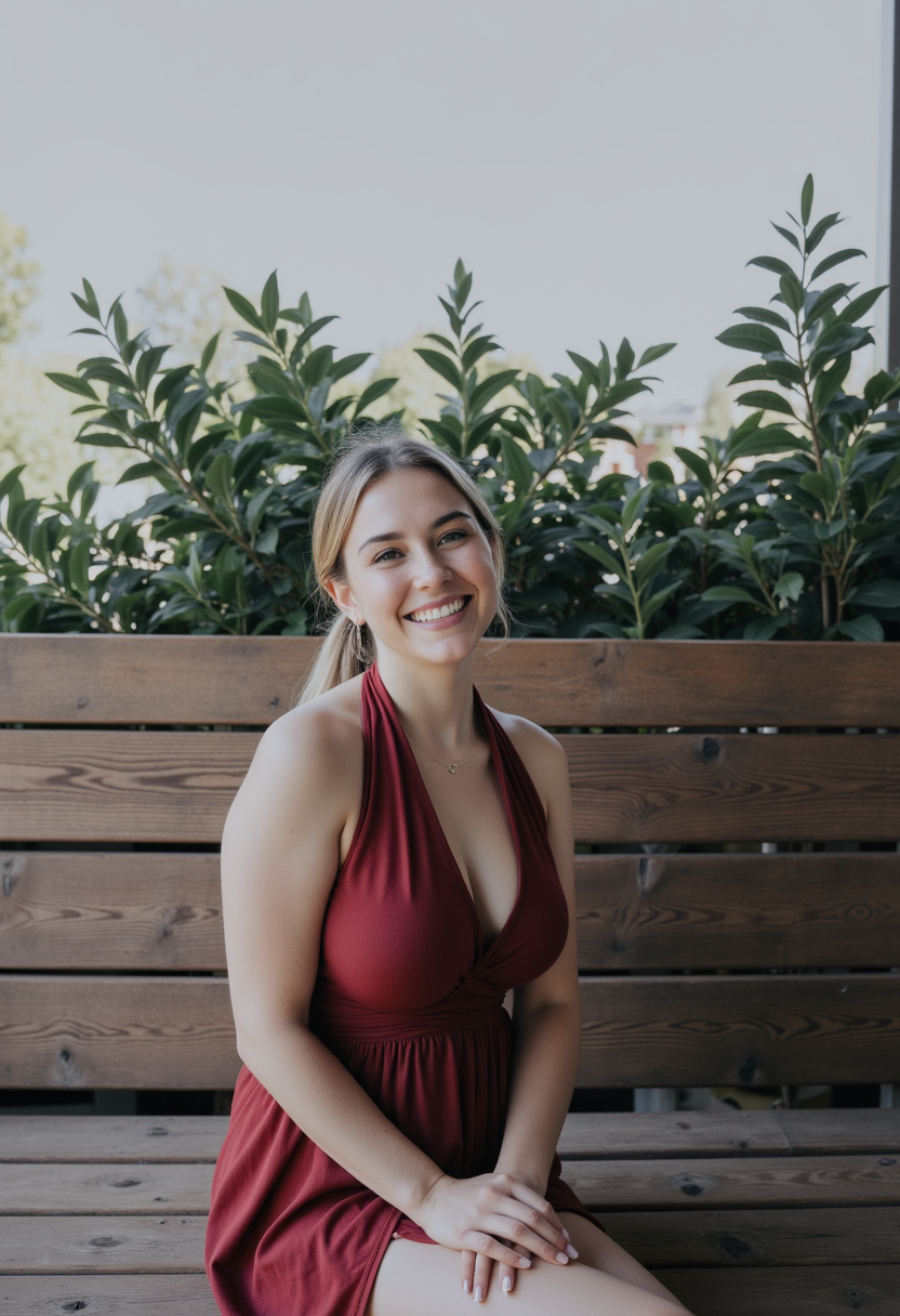 AI generated: FLUX prompt: A young woman is seated on a wooden bench. She's w... (FLUX - Photography)