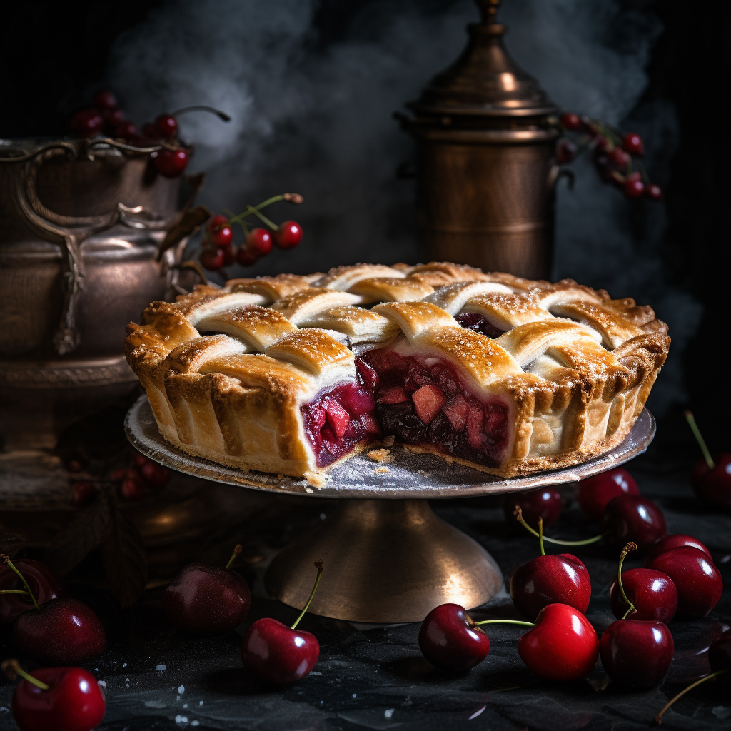 AI generated: Midjourney prompt: Food photography, cherry pie, in a luxurious Miche... (Midjourney - Photography)
