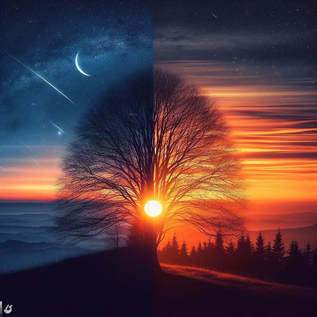 AI generated: DALL·E prompt: Split image of a sunset on the old year and the da... (DALL·E - Photography)