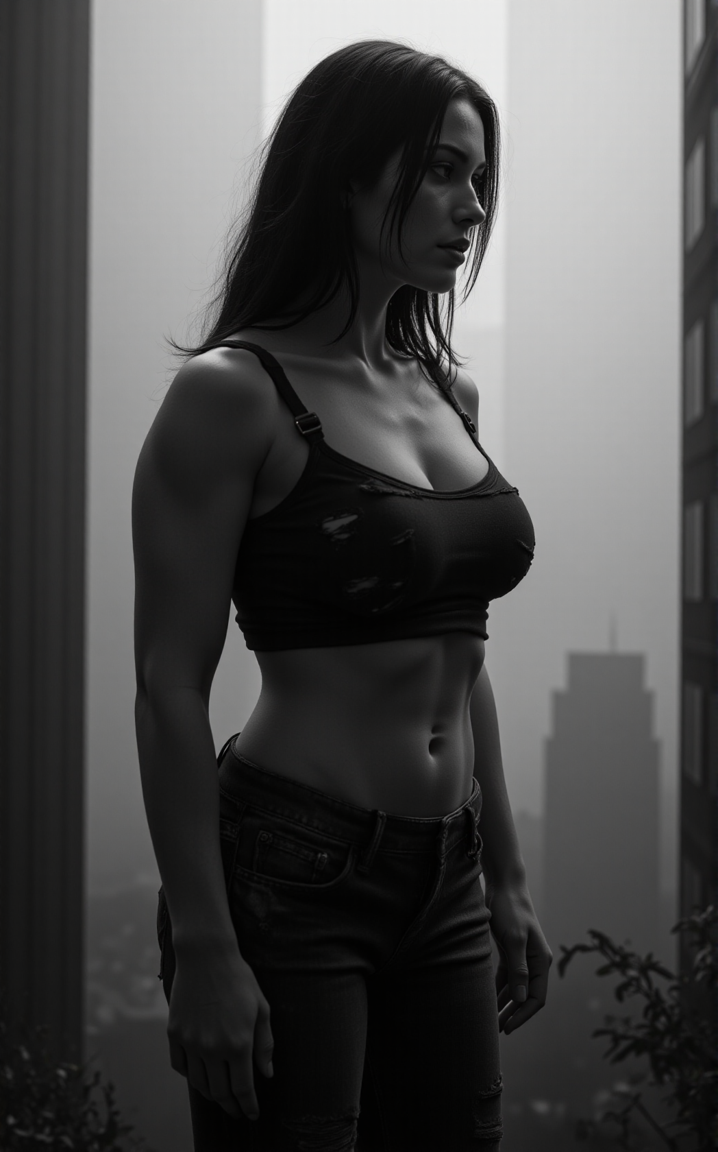 AI generated: FLUX prompt: A striking, muscular woman stands in profile, her ... (FLUX - Portraits)