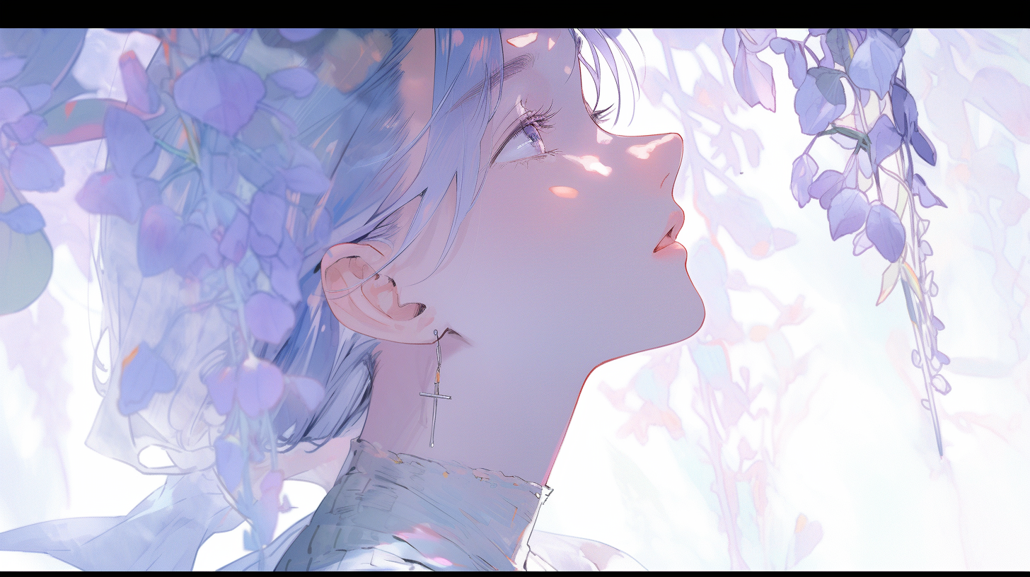 صورة مولدة بالذكاء الاصطناعي: Midjourney prompt: Leaves, lavender colors, soft water color painting... (نموذج Midjourney - أنمي)