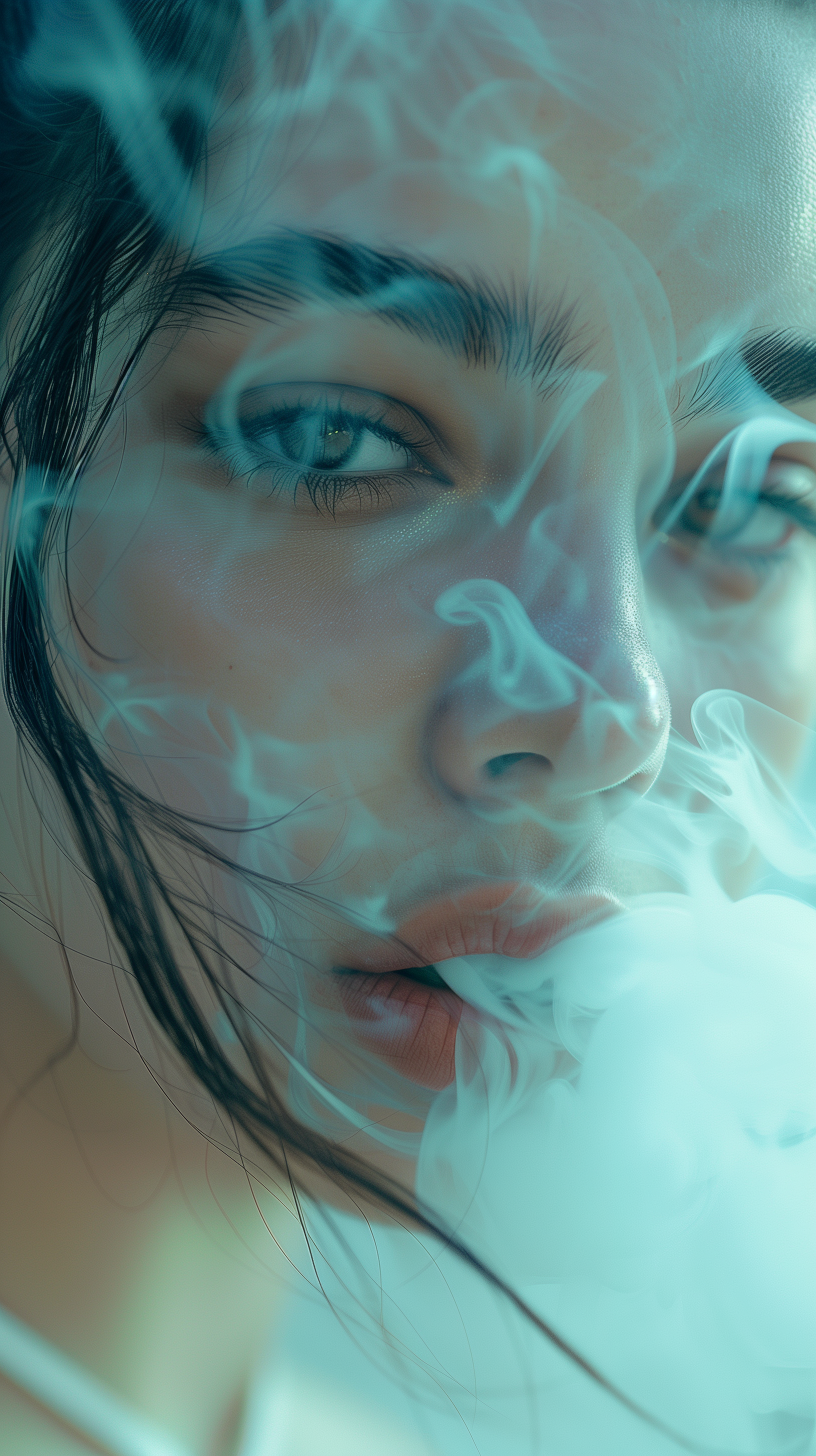 AI generated: Midjourney prompt: close-up of a young woman with pale blue smoke cur... (Midjourney - Portraits)