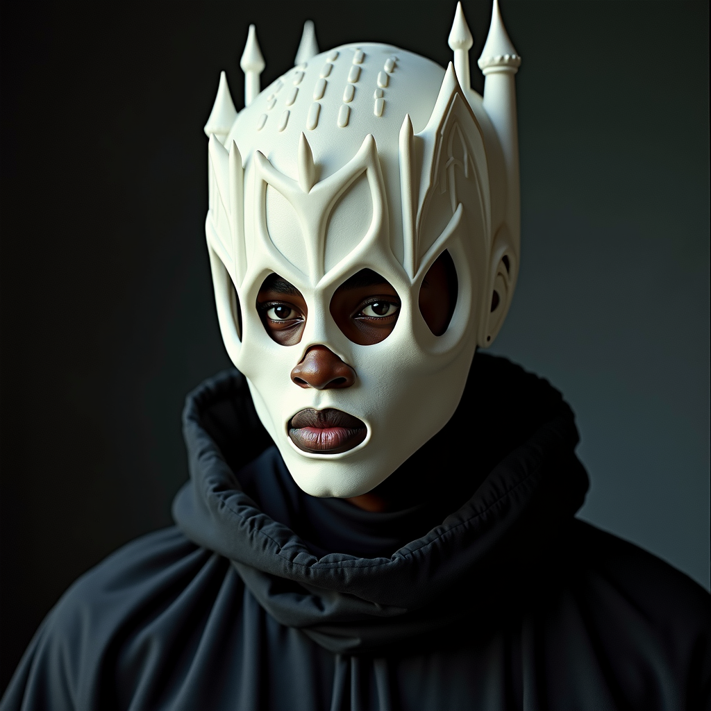 AI generated: FLUX prompt: Young Afro-American man wearing a full-face cover ... (FLUX - Fashion)