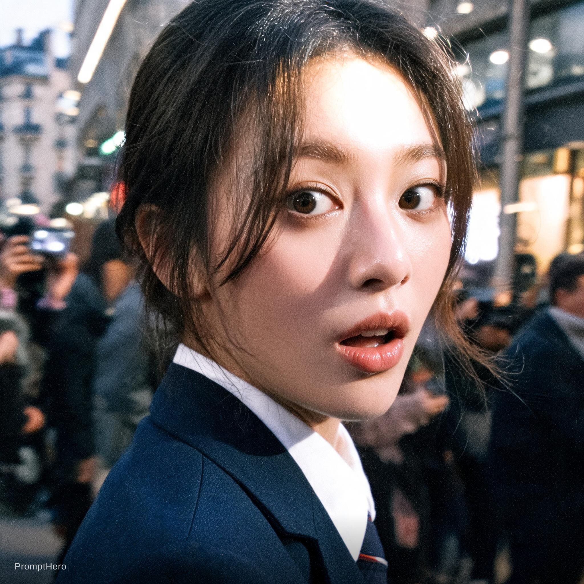 AI generated: Seedream 5 prompt: Paparazzi-style extreme close-up photo of a woman ... (Seedream 5 - Fashion)