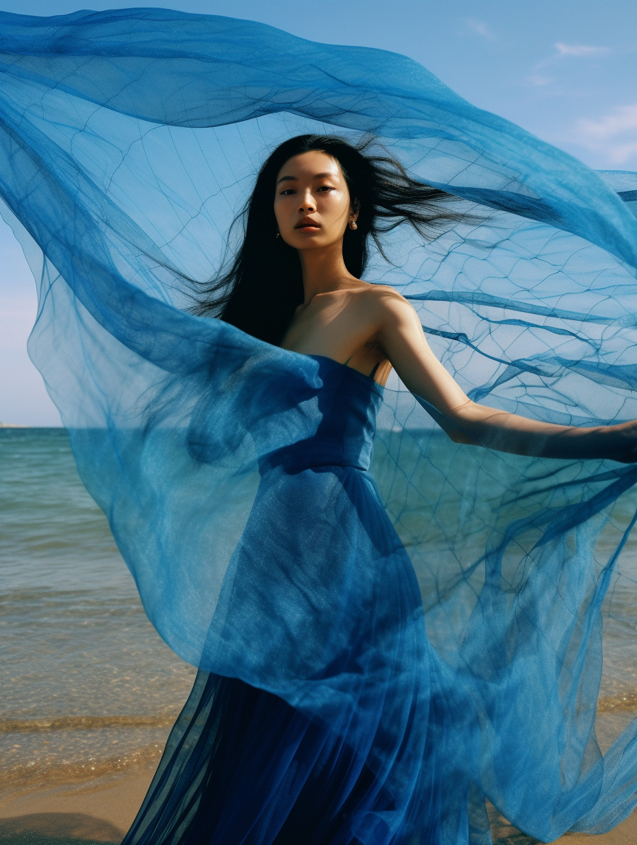AI generated: Midjourney prompt: a woman in a blue dress on the beach, in style of ... (Midjourney - Fashion)