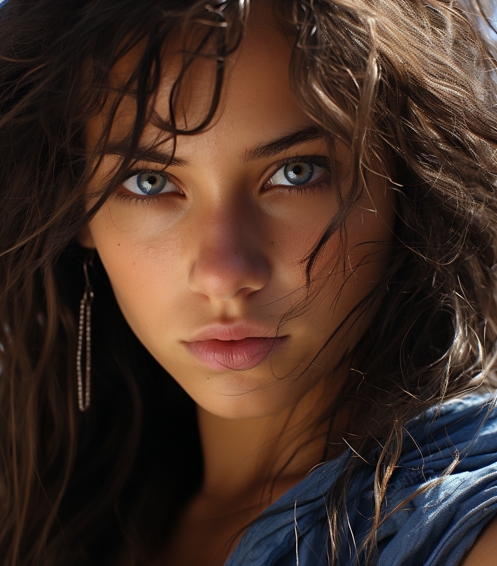 Midjourney prompt: a young girl with brown eyes poses for an advertis... - Midjourney