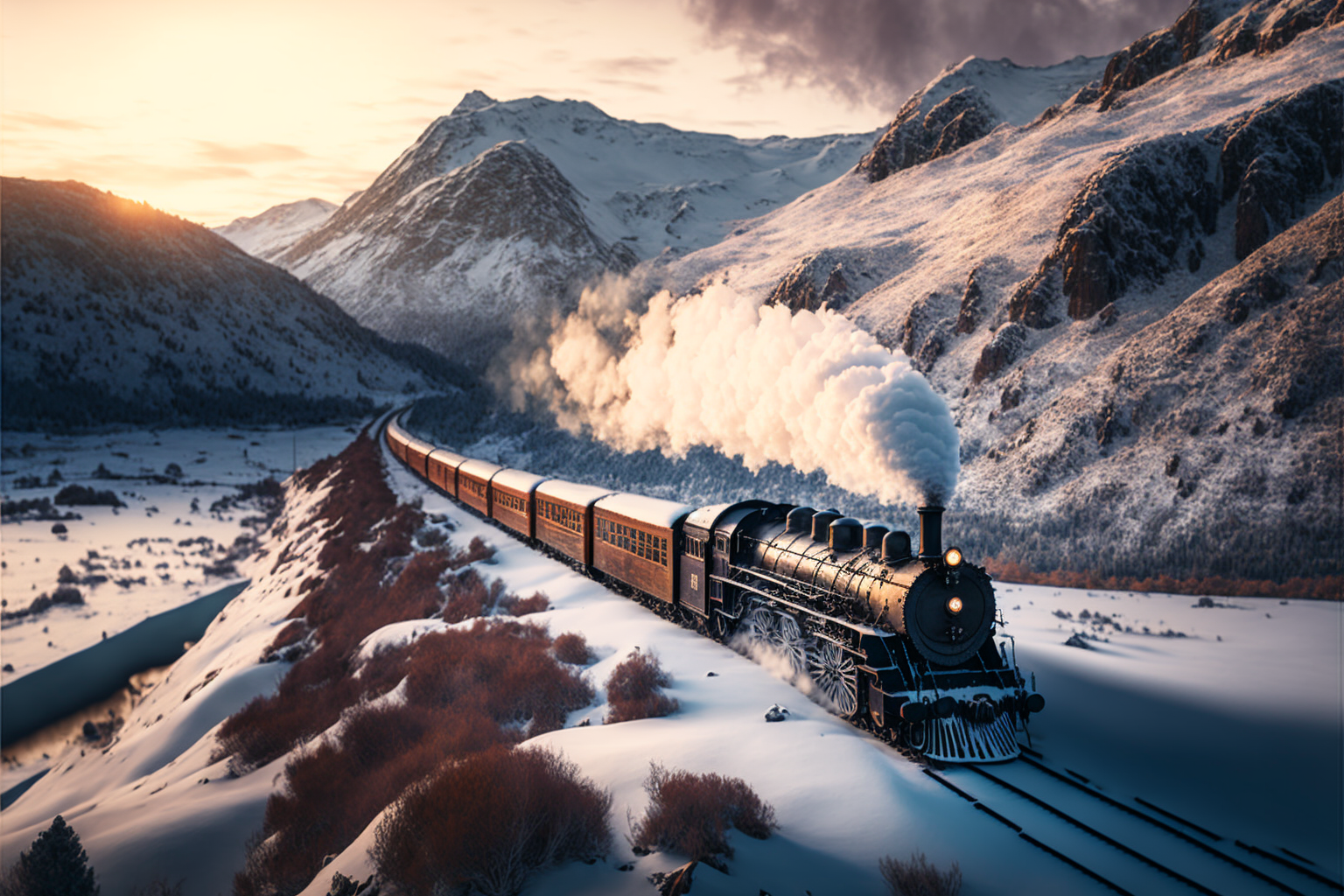 Midjourney prompt: drone shot of snowy mountains with a s...
