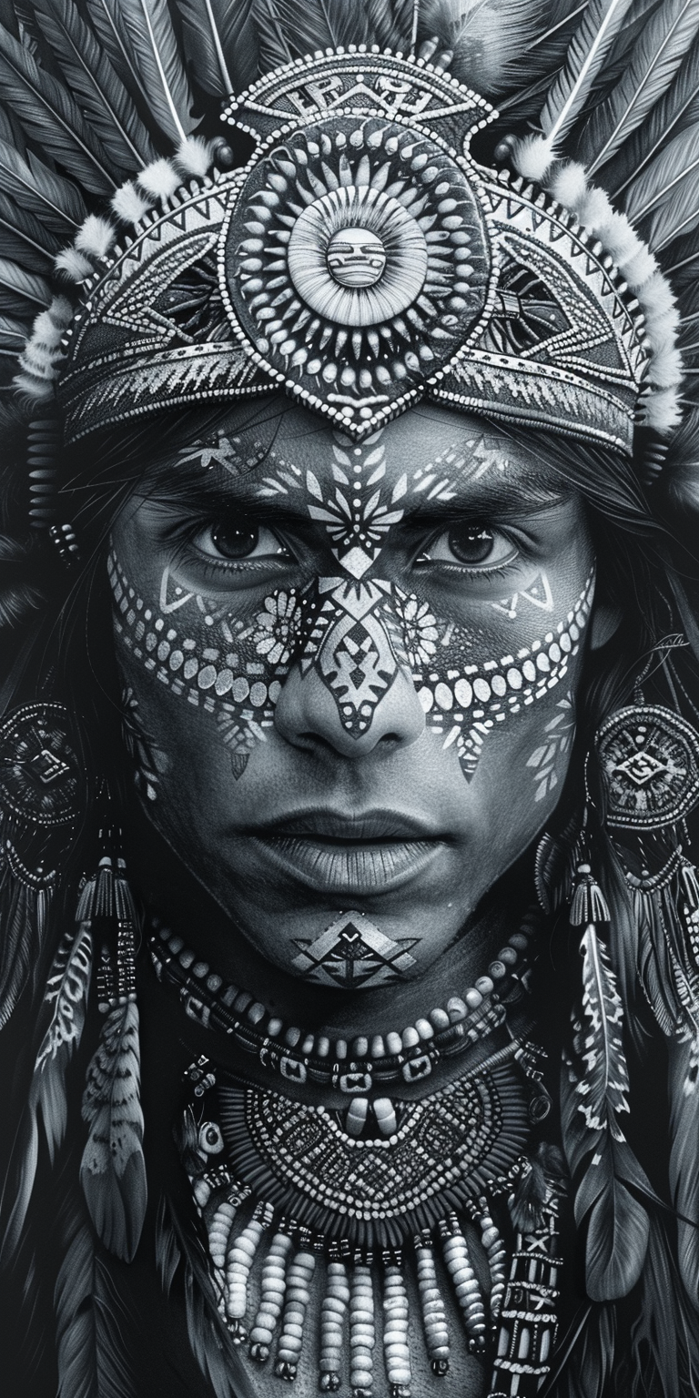 Midjourney prompt: A tattoo design of an Aztec Indian in full headdre... - Midjourney
