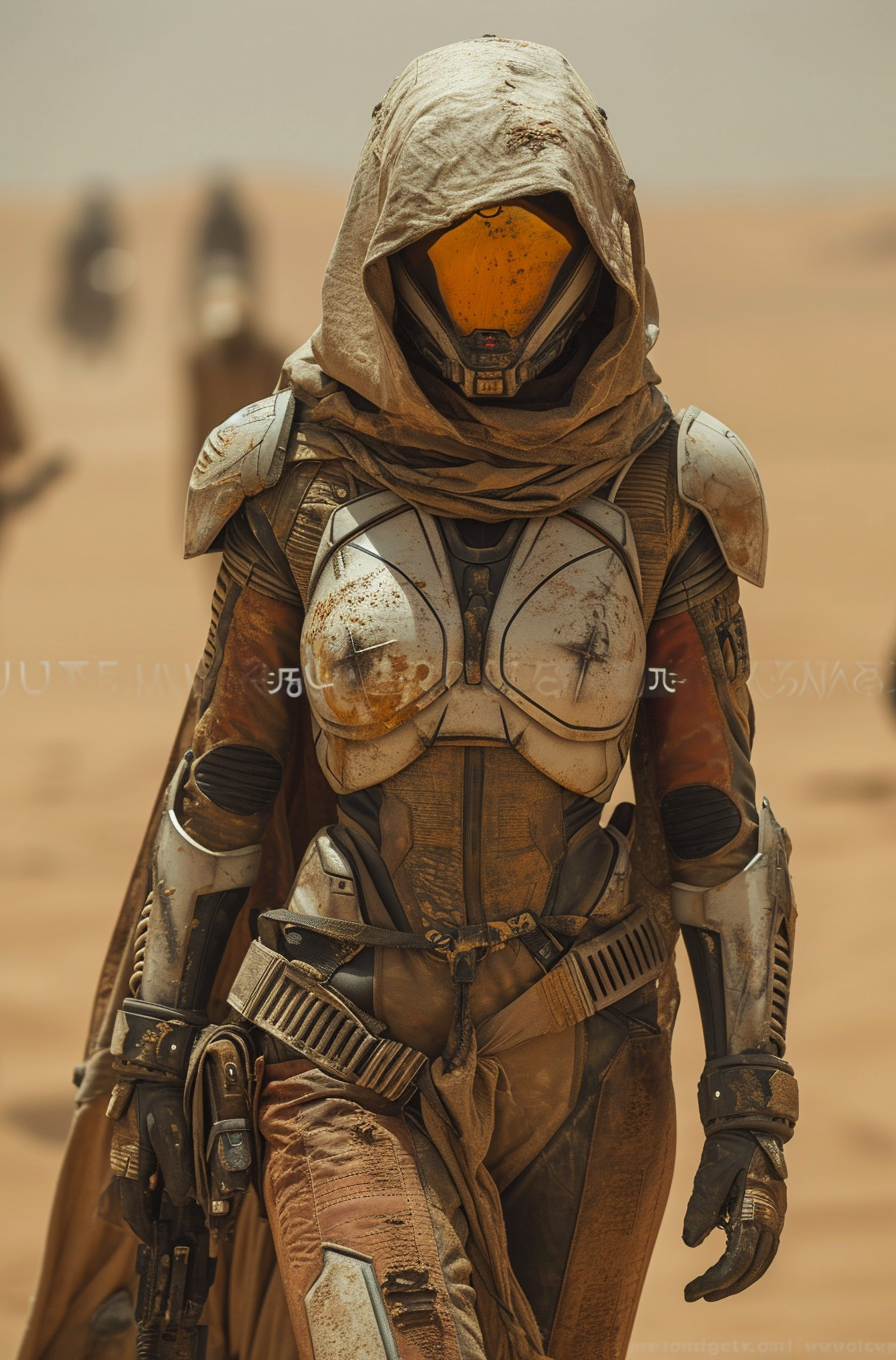 Midjourney prompt: female in futuristic armor in a desert on Mars-lik... - Midjourney