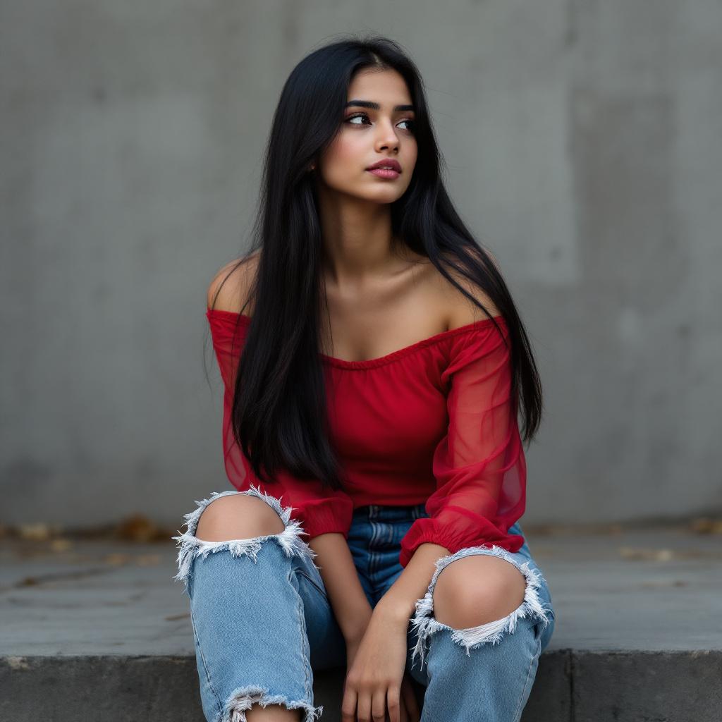 AI generated: FLUX prompt: A indian girl, 16, is seated on a wide step with ... (FLUX - Portraits)