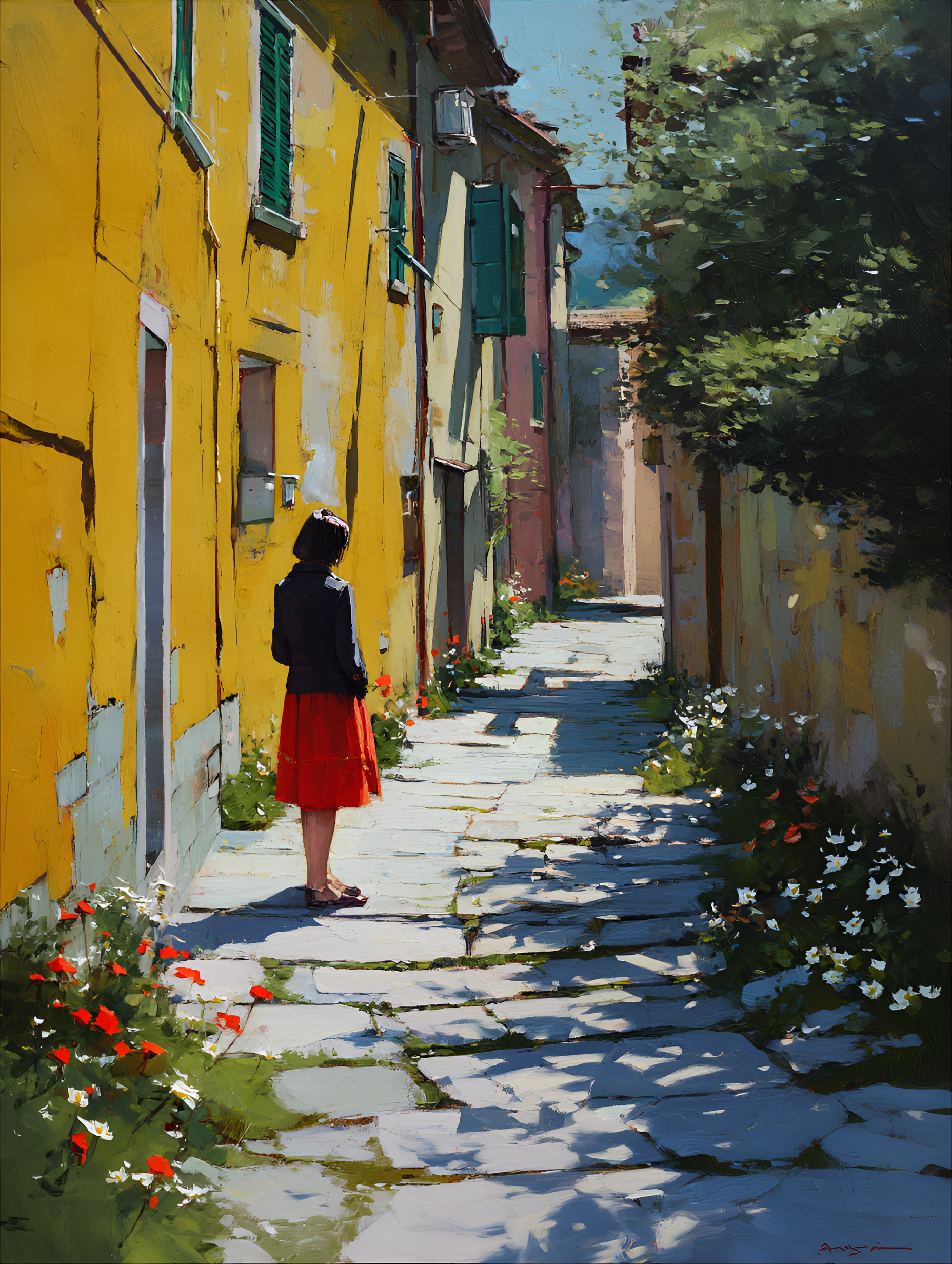 صورة مولدة بالذكاء الاصطناعي: Midjourney prompt: woman, middle-aged, light-skinned, is standing in... (نموذج Midjourney - صور شخصية)
