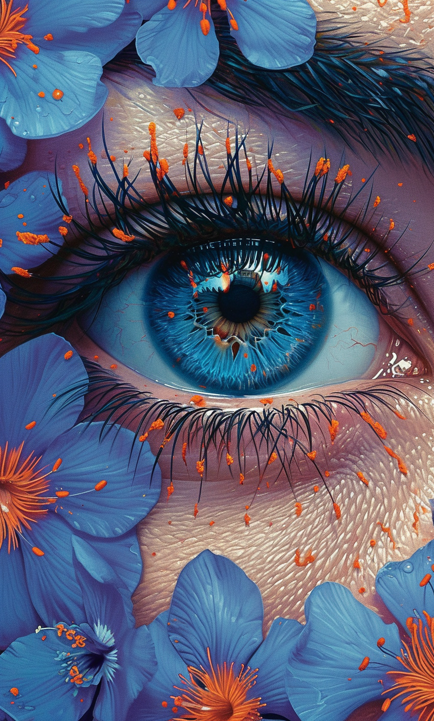 AI generated: Midjourney prompt: a painting of an eye with purple and orange flowe... (Midjourney - Concept Art)
