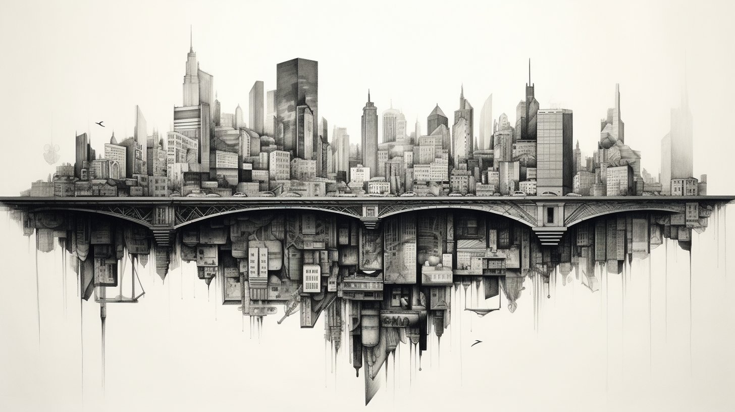 AI generated: DALL·E prompt: ink sketch, warped cityscape folding onto itself, ... (DALL·E - Architecture)