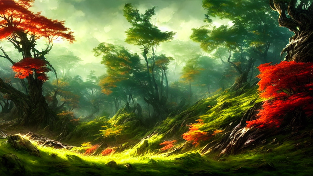 Stable Diffusion prompt: forest clearing landscape, brigh...