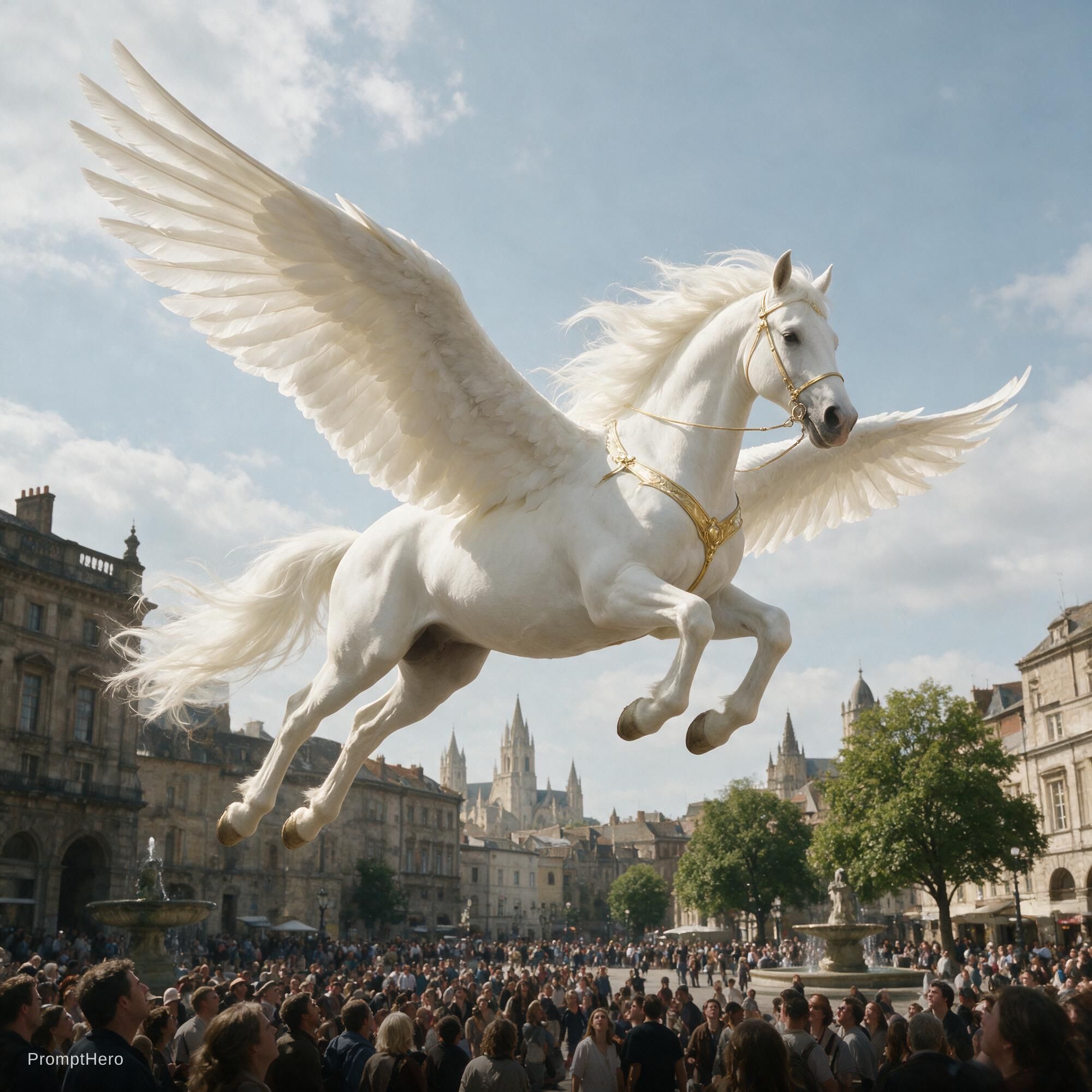 صورة مولدة بالذكاء الاصطناعي: Seedream 5 prompt: horese with wings flying over crowd? (نموذج Seedream 5 - فن مفاهيمي)