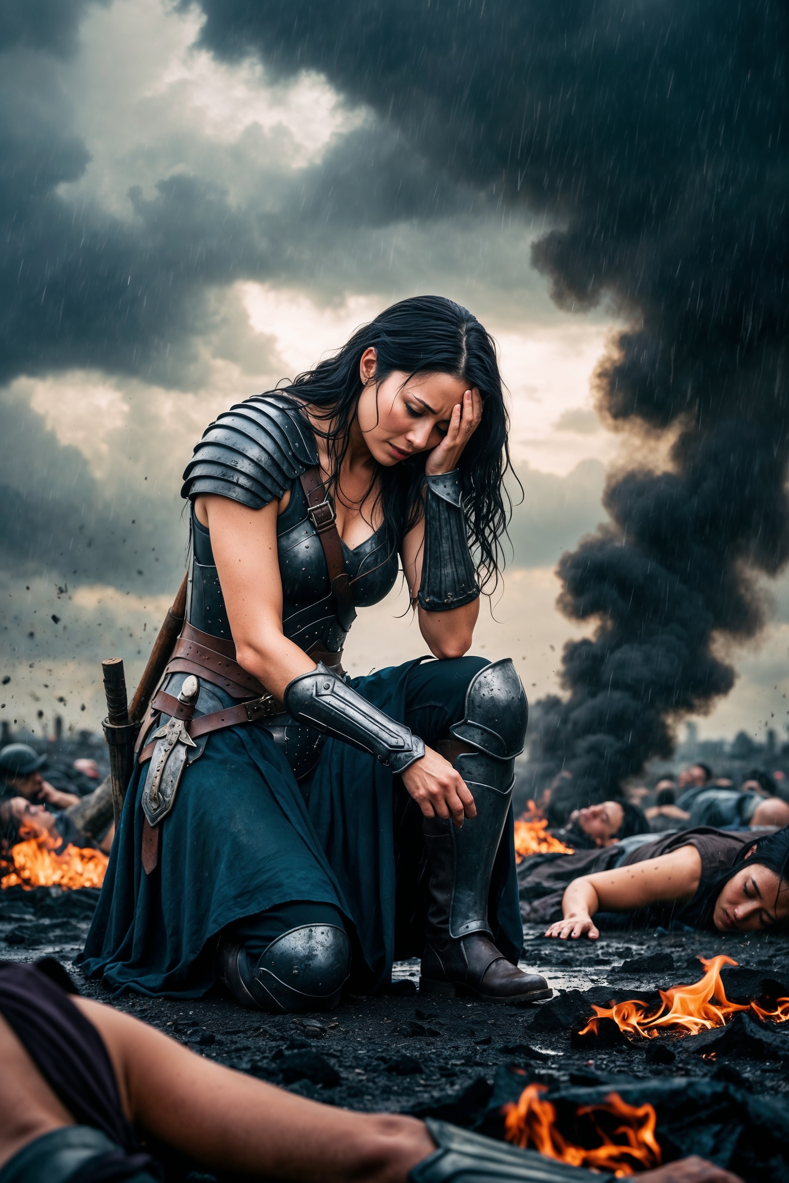 AI generated: Stable Diffusion prompt: a kneeling warrior woman looks down, she is very s... (Stable Diffusion - Concept Art)