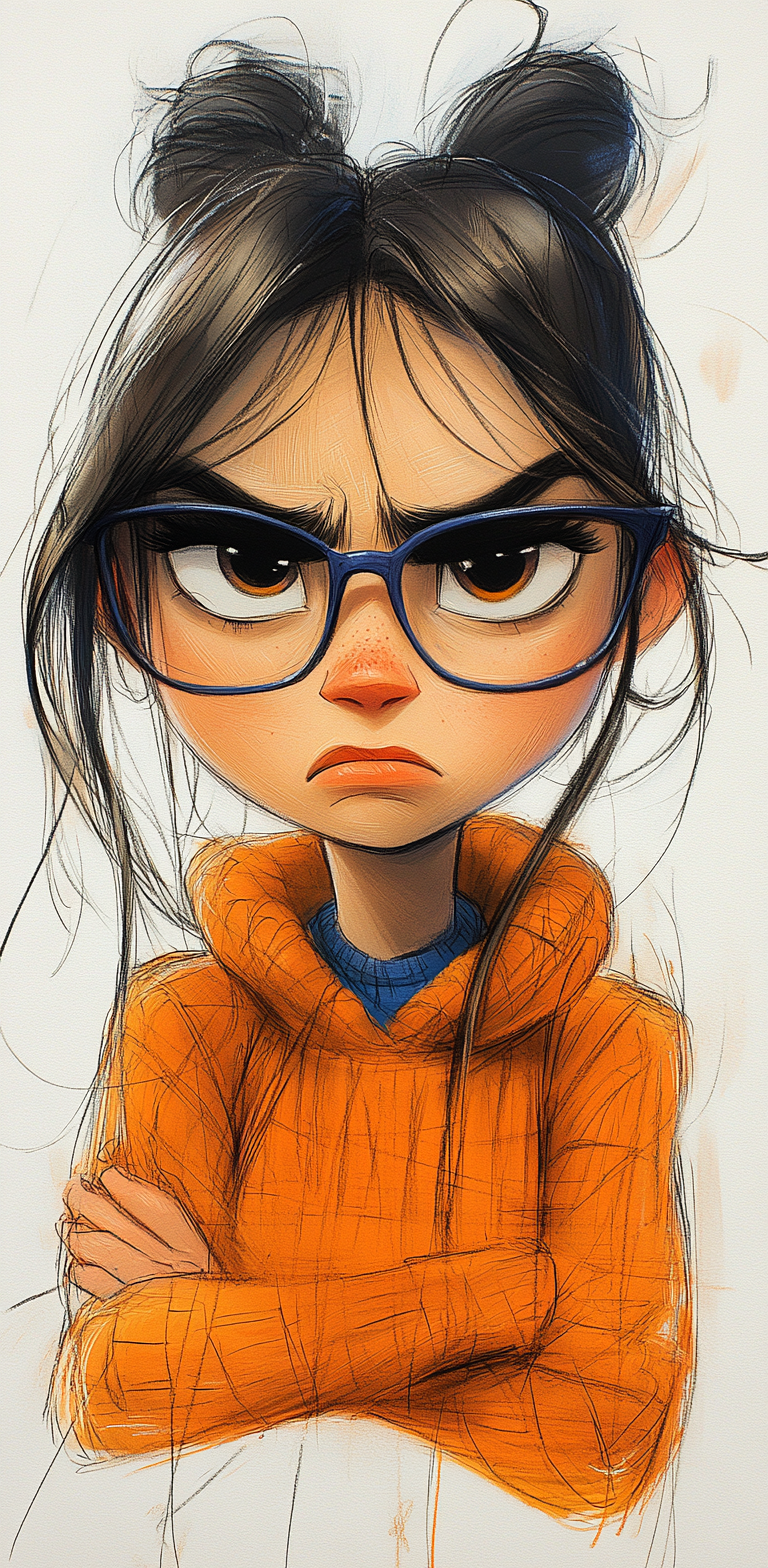 AI generated: Midjourney prompt: Cartoon sketch of an angry girl with glasses, whit... (Midjourney - Portraits)
